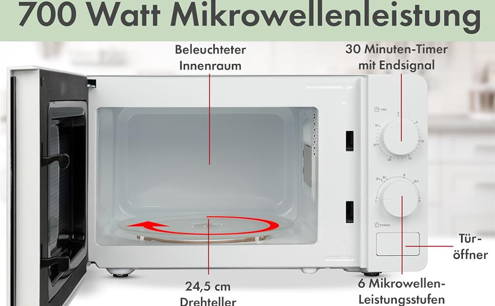 Клатронічна мікрохвильова піч з варильною камерою 20 л і освітленням варильної камери Мікрохвильова піч з 6 рівнями потужності Мікрохвильова піч з таймером на 30 хвилин Мікрохвильова піч з поворотним столом Ø24,5 см 700 Вт MW 791 (Білий)
