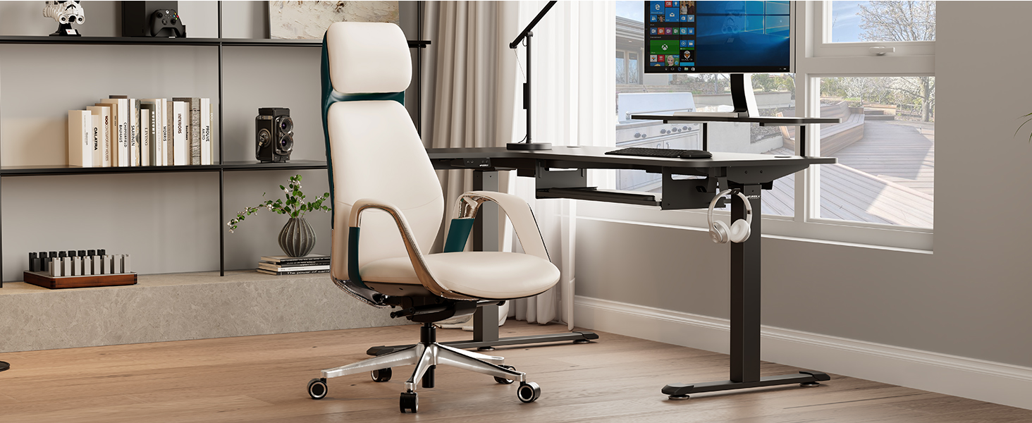 Ергономічне крісло EUREKA для офісу та дому: шкіряне, регульоване, для роботи, бізнес-крісло, дихаюче, комфортне, для керівника, білий колір