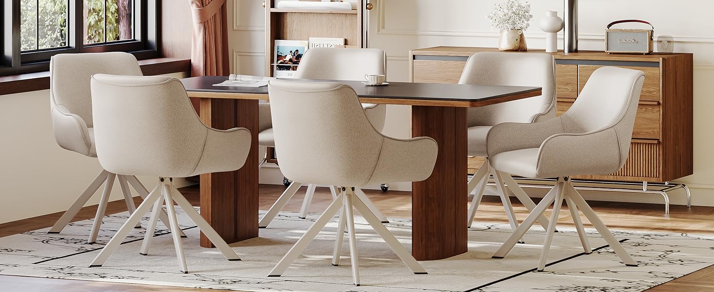 Обідні стільці поворотні, комплект 6 шт. з підлокітниками, 30° поворот, м'який стілець з льону, сучасний поворотний стілець для кухні, їдальні, вітальні, офісу, колір коричневий, металевий каркас, спинка