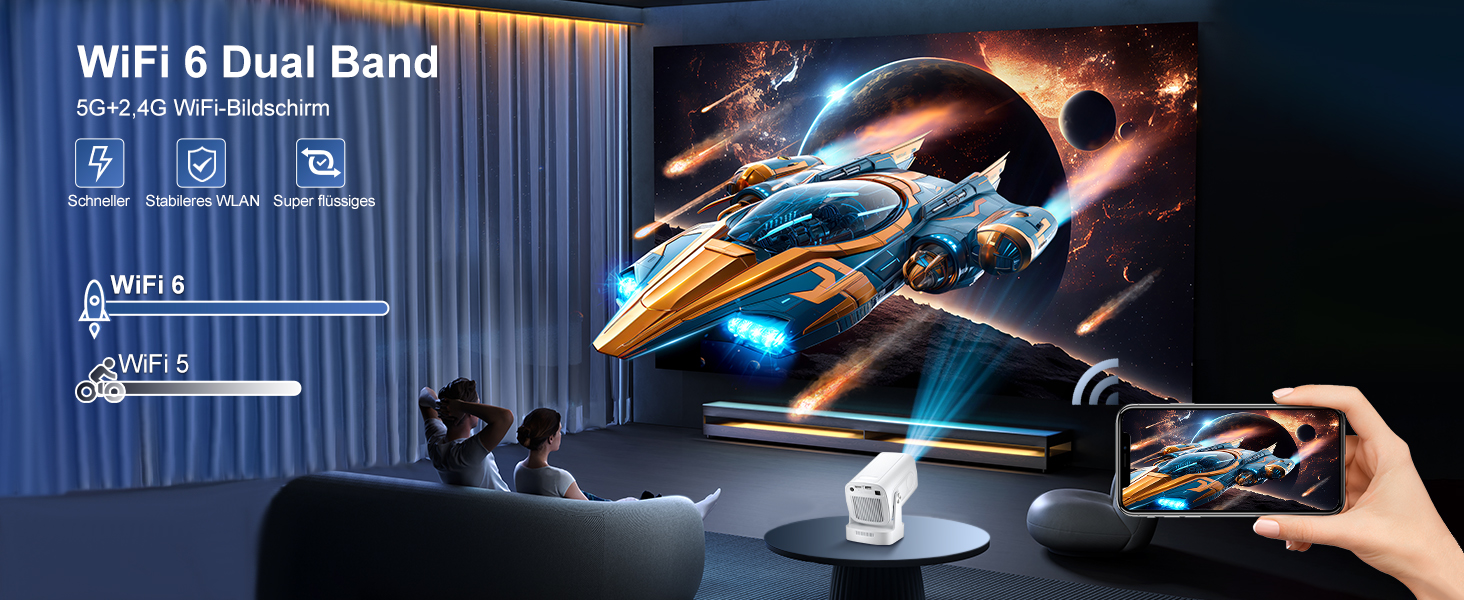 Beamer 4K HY260pro: Портативний проєктор з Wi-Fi 6, Bluetooth 5.4, Android TV, 180° обертанням, 18000 люмен, 5W динамік для дому та відпочинку