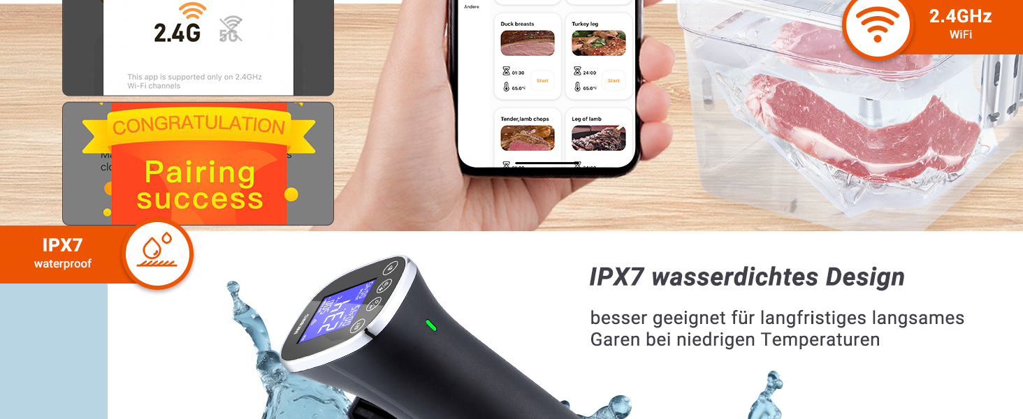 Су-від кухонний нагрівач ISV-300W з Wi-Fi | Професійний су-від для приготування їжі, точна температура ±0,1°C, IPX7 водонепроникність, APP-рецепти