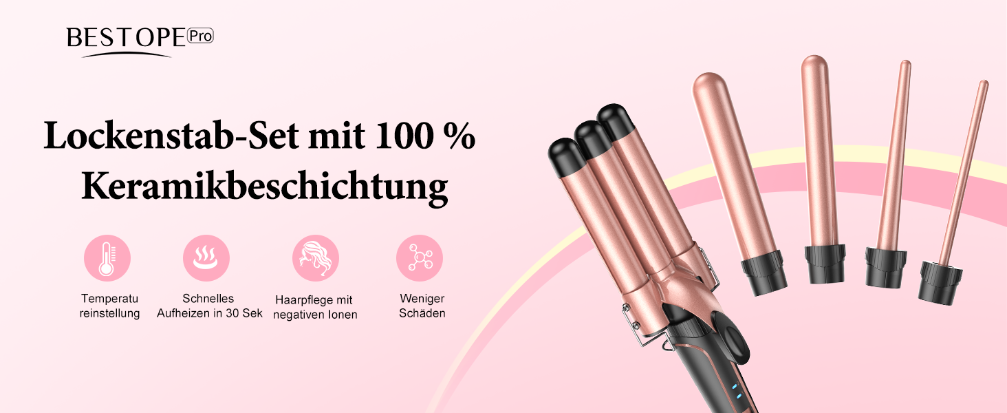 BESTOPE PRO Локкенстаб: Набір для завивки волосся 5-в-1 з 3 насадками, регулюванням температури, швидким нагрівом, рукавичкою та кліпсами, рожеве золото