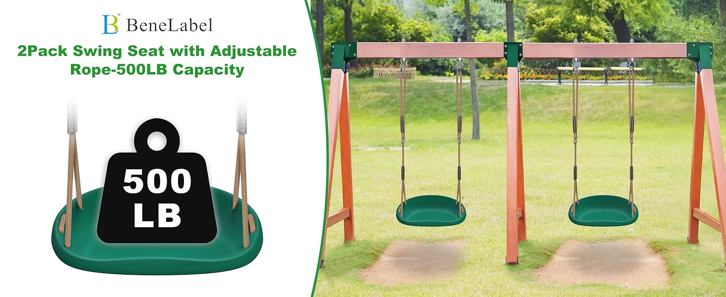 Шоукель для дітей BeneLabel: ідеально для дому та саду. Міцний гумовий сидіння, регульоване мотузка 130-200см, 113кг. Набір 2 шт. Зелений колір.