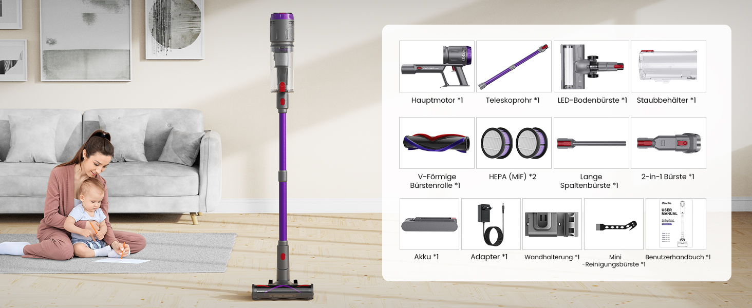 Бездротовий пилосос Circlio Akku 600W з акумулятором, 58000Pa, 75 хв, з насадкою FurTornado™ Mini та станцією для зарядки, гнучкий згин, самостійна підставка, для килима, твердої підлоги, шерсті тварин, щітка NOVAX T80 Flex для видалення кліщів