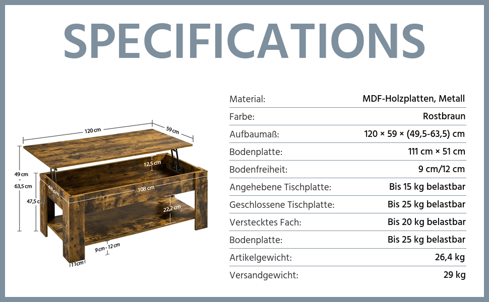 Журнальний столик Yaheetech з регульованою висотою та прихованим місцем для зберігання, колір: іржавий коричневий (120 x 59 x (49,5-63,5) см)