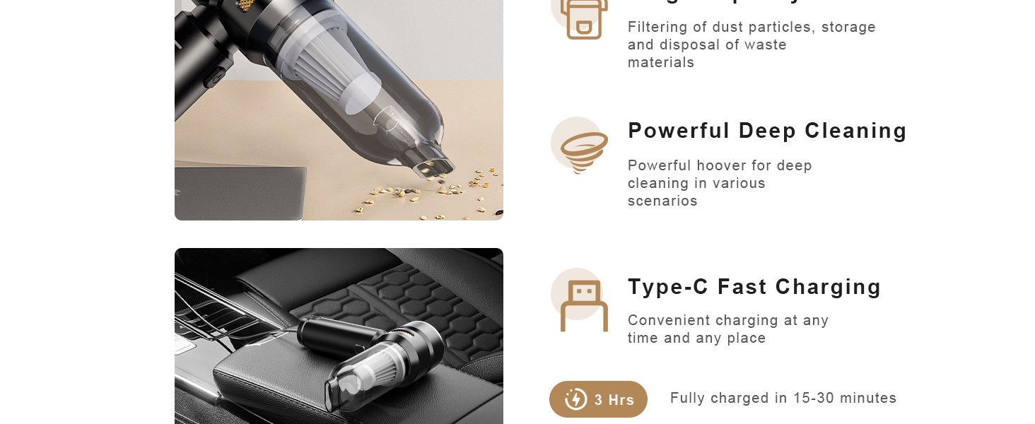 Акумуляторний ручний пилосос KITBEZN 4-в-1 для авто та дому, бездротовий міні-пилосос з безщітковим двигуном, потужність 26000Па, 3 режими роботи, чорний