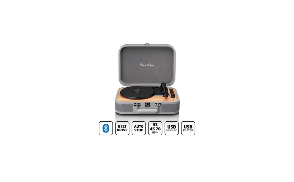 Програвач вінілу Lenco Classic Phono TT-116 Bluetooth, 3 швидкості, вінтажний стиль, RCA вихід, стерео динаміки, сірий