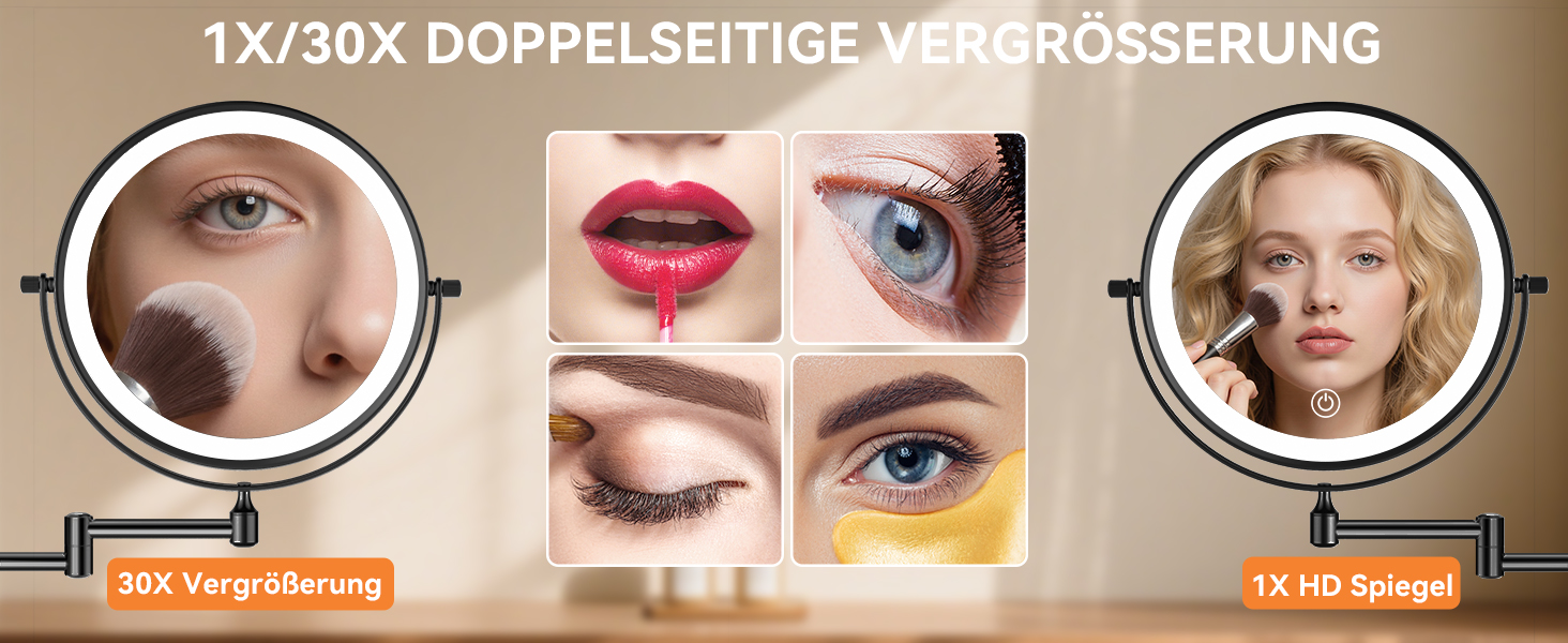 Дзеркало для макіяжу Auxmir з підсвічуванням, 1X/ Акумуляторний, 3200mAh, для гоління, настінний, з регулюванням яскравості, збільшення 30X, 3 кольори світла, поворот на 360°, для ванної кімнати (Чорний)