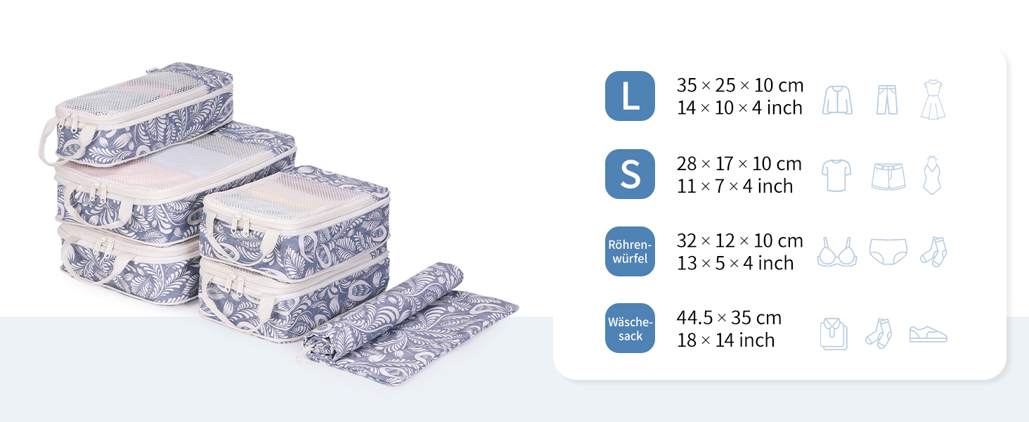 Набір органайзерів для подорожей Narwey з компресією, 6 шт, сумки-пакувальники для валізи та рюкзака (Блакитний листок)