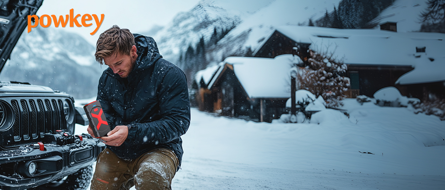 Портативний акумулятор-пусковий пристрій POWKEY для автомобілів, 2000A, 12V, з LED-ліхтариком та 2 USB-виходами (червоний)