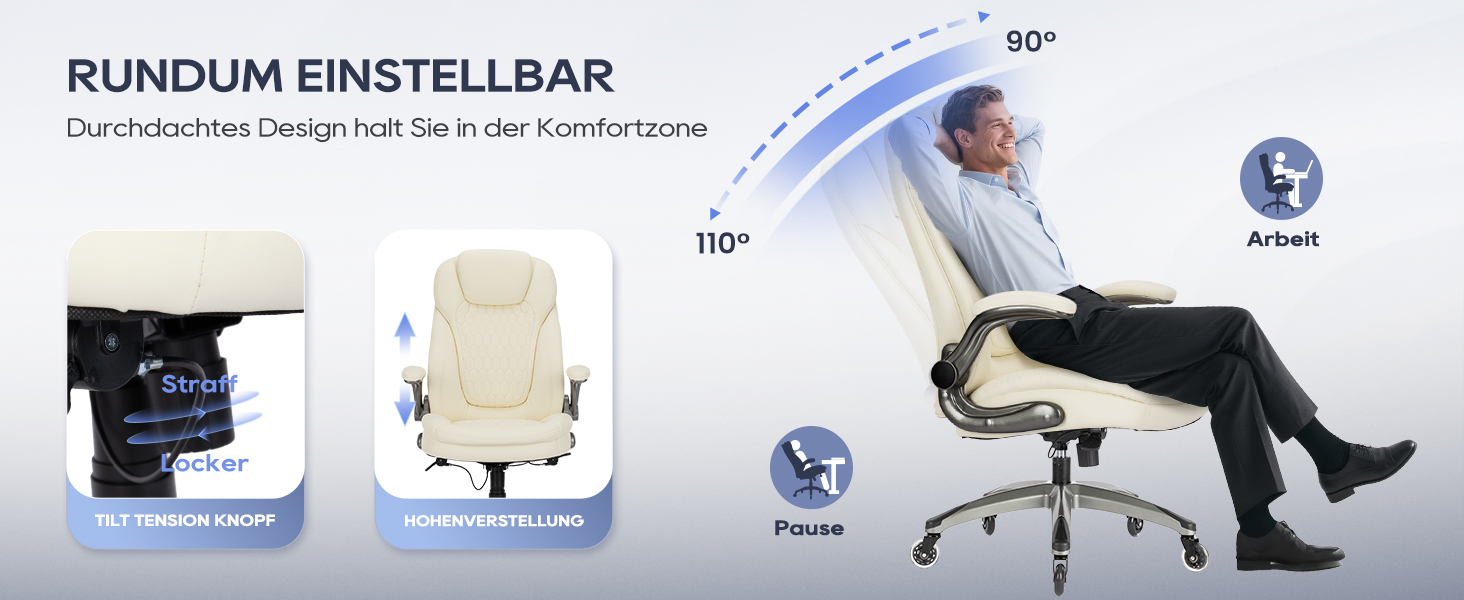 Крісло для офісу Colamy: ергономічне крісло з дихаючої шкіри, підголівник, регульовані підлокітники та м'яке сидіння з пружинним блоком, для дому та офісу (слонова кістка)