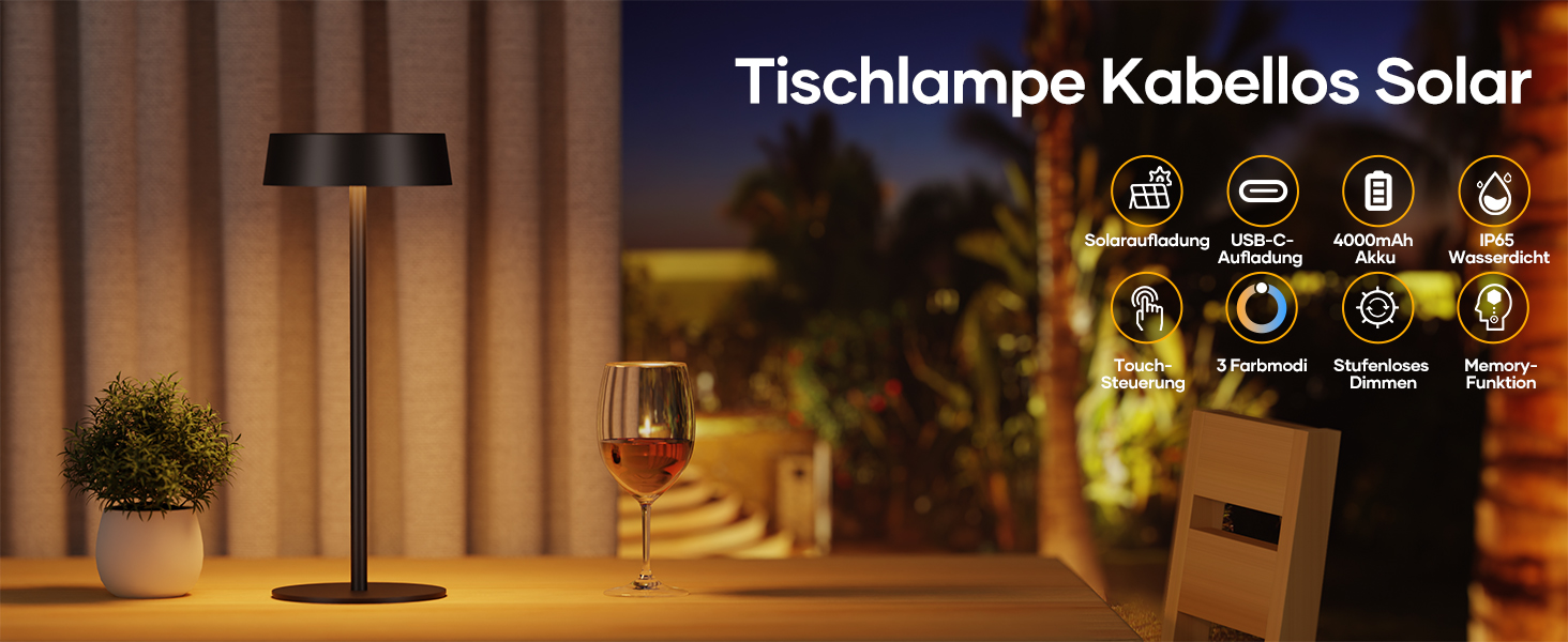 Сонярна LED лампа Suright настільна, акумуляторна, USB-C, 3 режими, регулювання яскравості, IP65, чорна