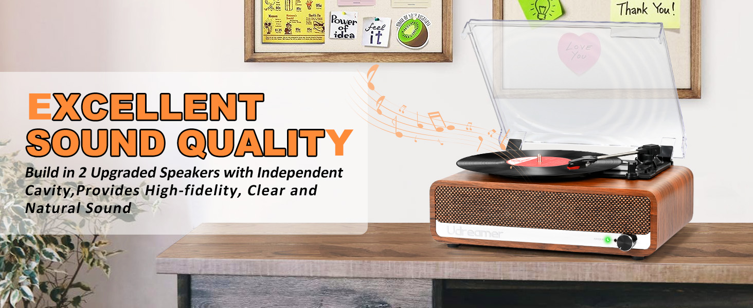 Вініловий програвач Udreamer з Bluetooth, вбудованими динаміками, USB, AUX, RCA, підтримкою навушників, 3 швидкості, ремінний привід, вінтажний дизайн, помаранчево-жовтий