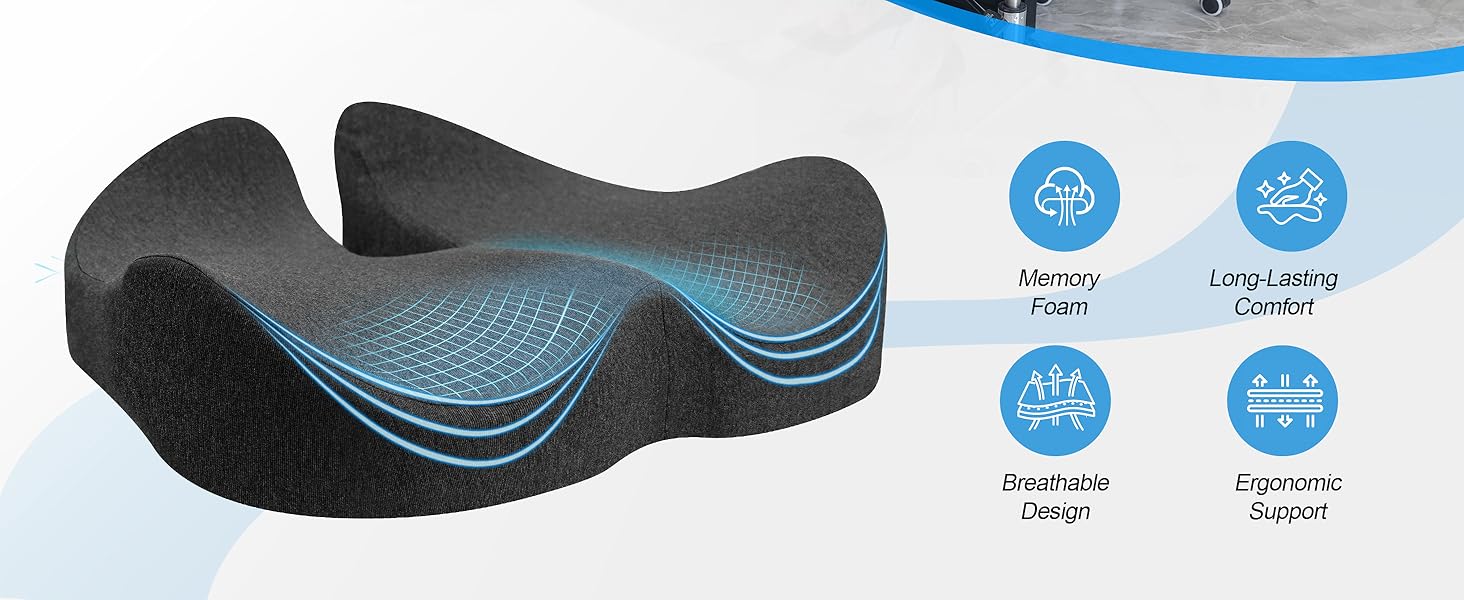 Подушка для офісного крісла Lofty Aim з піни Memory Foam: ортопедична, для попереку, від болю в сідницях, для офісу, авто, літака, інвалідного візка – чорний та темно-сірий