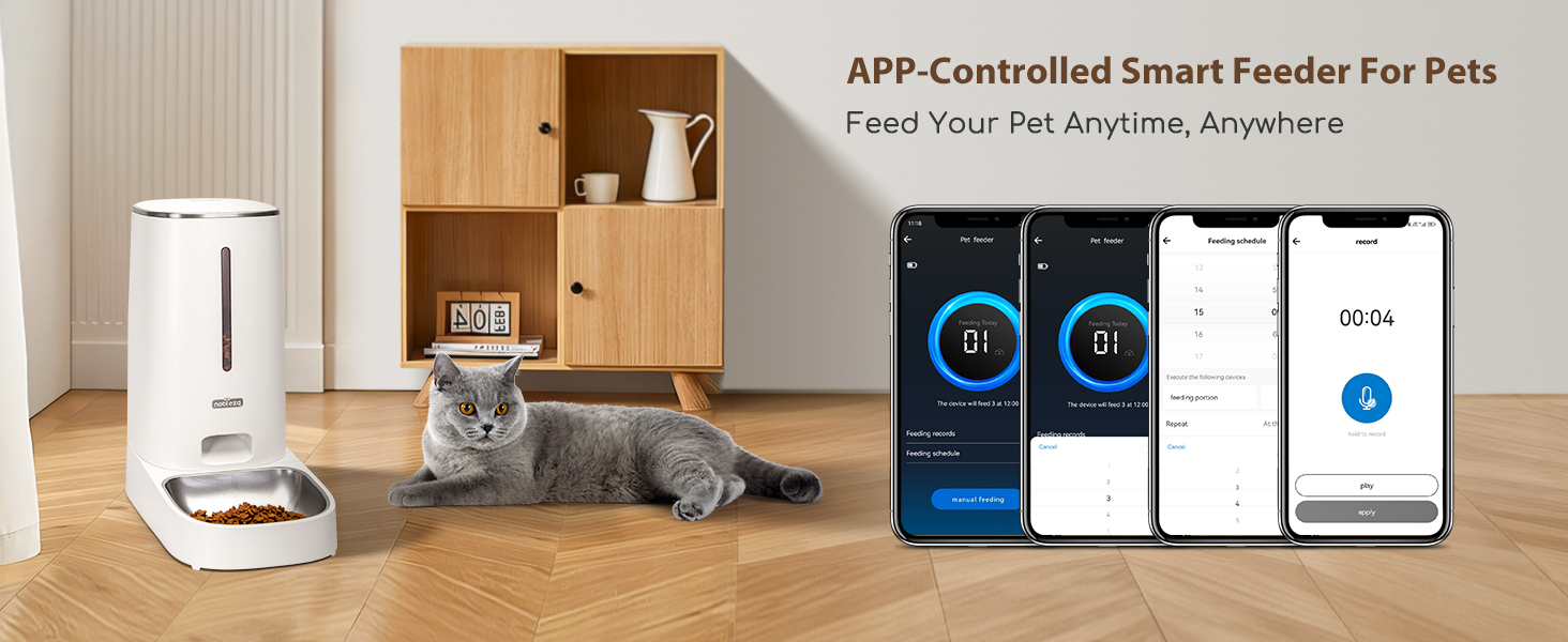 Автоматична годівниця Nobleza Cat & Dog, автоматична годівниця 4 л з керуванням APP, розумний диспенсер 2.4G WiFi з мискою з нержавіючої сталі для сухого корму, запис голосу 10 секунд, 1-10 прийомів їжі на день