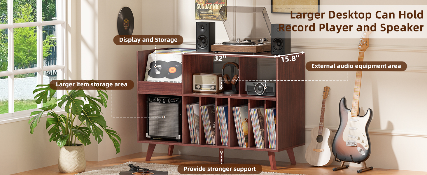 Стійка для платівок з полицею для зберігання, підставка для програвача, органайзер для вінілових платівок на 450 альбомів, полиця для музичної кімнати та вітальні (горіх)