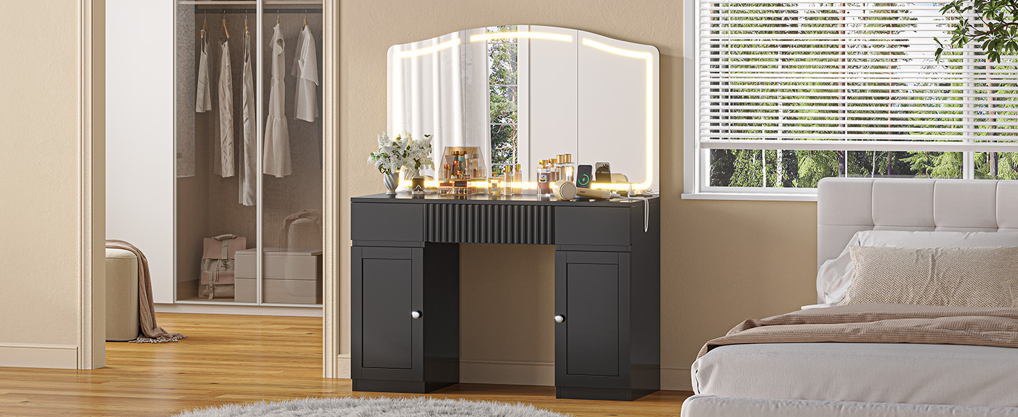 Великий туалетний столик AOGLLATI з великим дзеркалом та регульованою LED-підсвіткою. Косметичний столик з розетками, 3 висувними ящиками та 2 шафками. Сучасний туалетний столик для спальні (білий/чорний)