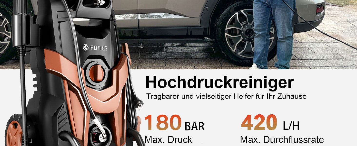 Високотискний мийник 180 бар, 6-в-1 насадка, продуктивність 420 л/год, площа очищення 50 м²/год, економний, з піночистою та барабаном для шлангу, для авто та під'їздів, червоний
