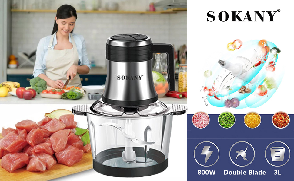 М'ясорубка-подрібнювач Sokany 800W з чашею 3л з нержавіючої сталі, електричний мультиподрібнювач з 2 швидкостями для м'яса, овочів, фруктів