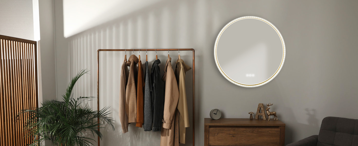 Дзеркало для ванної кімнати EMKE з підсвічуванням, 80 см, 3 кольори світла, регулювання яскравості, антизапар, сенсорне управління, функція пам'яті, енергозбереження, кругле, золотий фрейм (60x60 см)