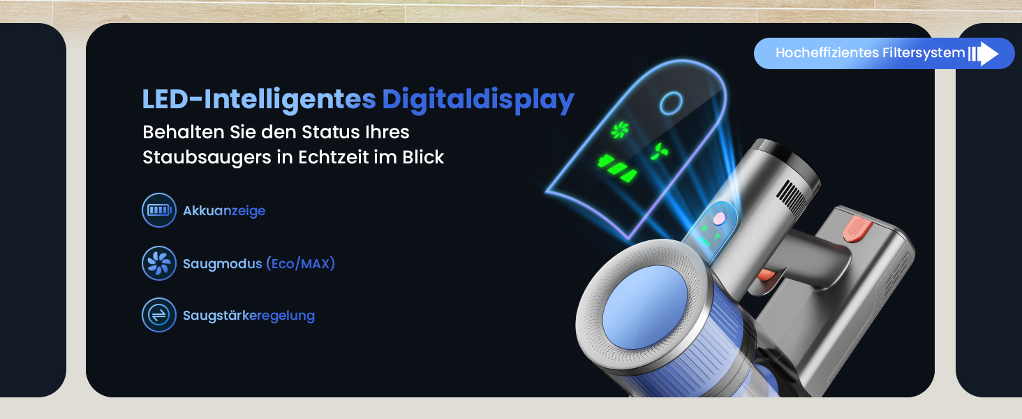 Бездротовий пилосос Dzaki 45000Pa з акумулятором, Smart-дисплеєм, функцією паркування та антизаплутанащістю для килимів, твердих поверхонь, шерсті тварин та авто (блакитно-сірий)