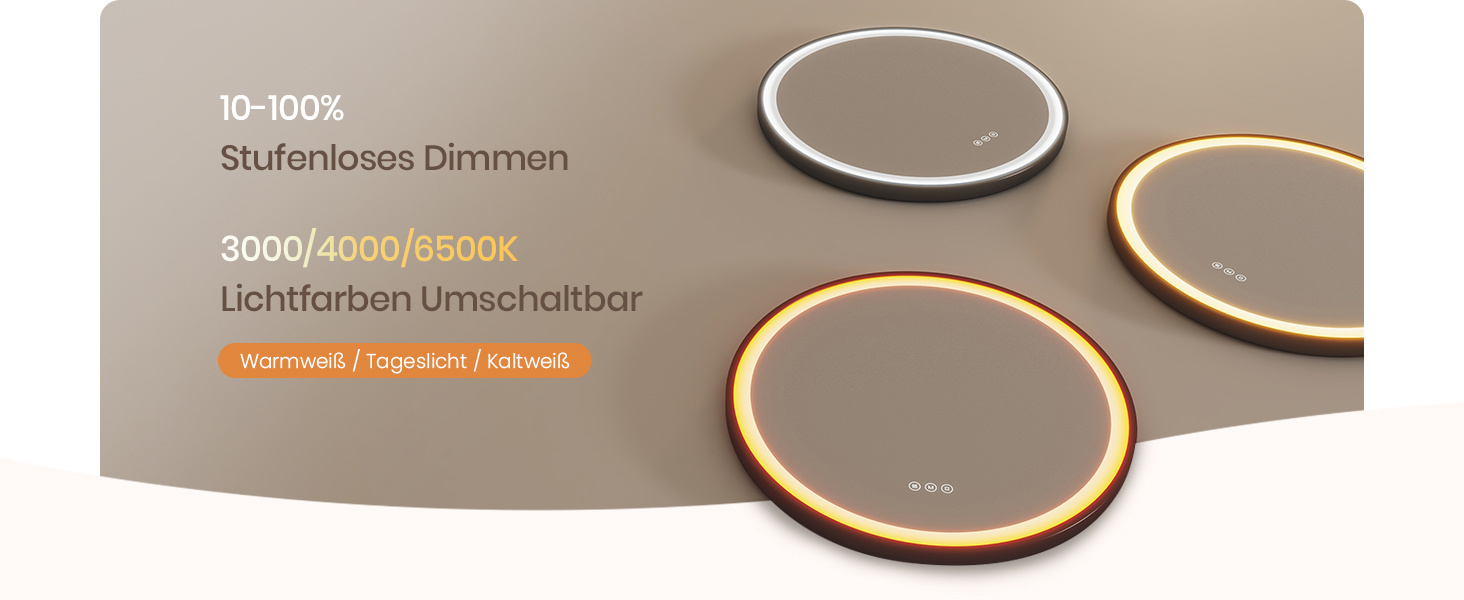 Круглий дзеркало для ванної кімнати EMKE з підсвічуванням 50 см, 3 кольори, регулювання яскравості, антизапар, пам'ять, сенсорне управління, таймер 3 години, енергозберігаючий