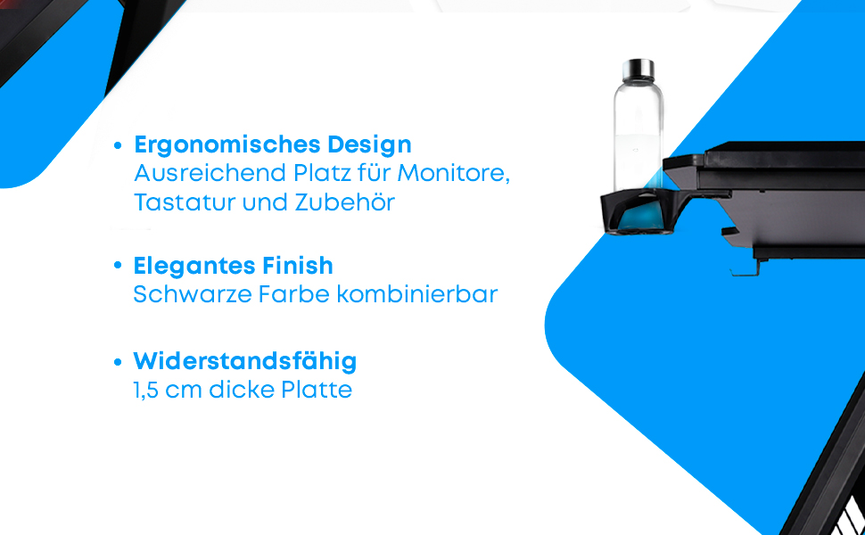 Ігровий стіл NK з LED-підсвічуванням (120x60 см) - з тримачем для напоїв та пляшок, тримачем для навушників, кабельною організацією, стільницею 1.5 см, вантажопідйомність 100 кг, чорний