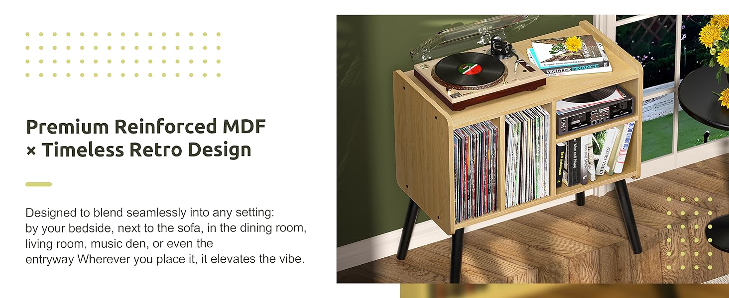 Стіл для програвача, стійка для вінілових пластинок в стилі середини століття з місцем для зберігання до 150+ альбомів, шафа для вінілових пластинок з регульованими полицями (горіх)