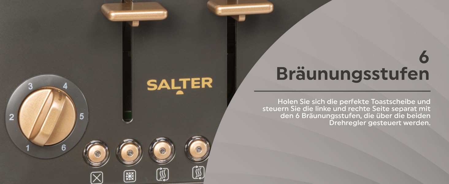 Тостер SALTER Pebble на 4 тости, чорно-сірий: розширені слоти, 6 режимів підсмажування, розморожування, підігрів, функція скасування
