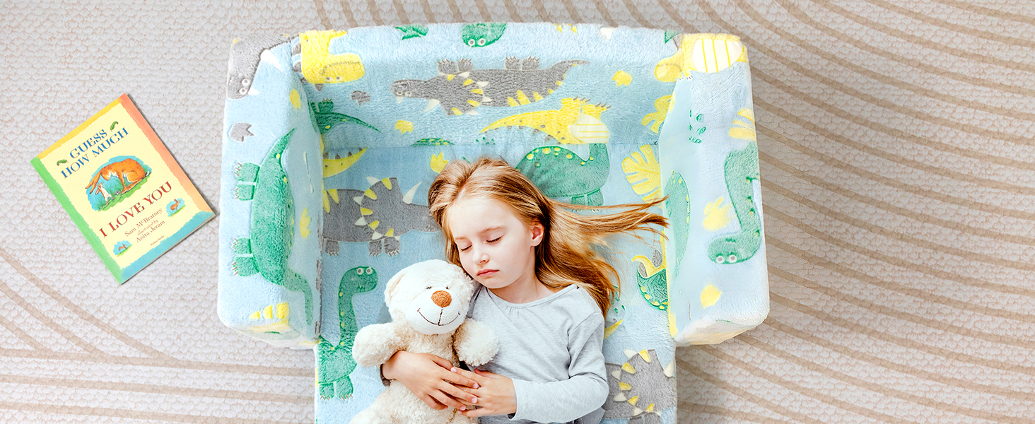 Дитячий диван-крісло 2 в 1 BEJOY з тканини шерпа, розширена модель, дизайн «Сяючий динозавр»