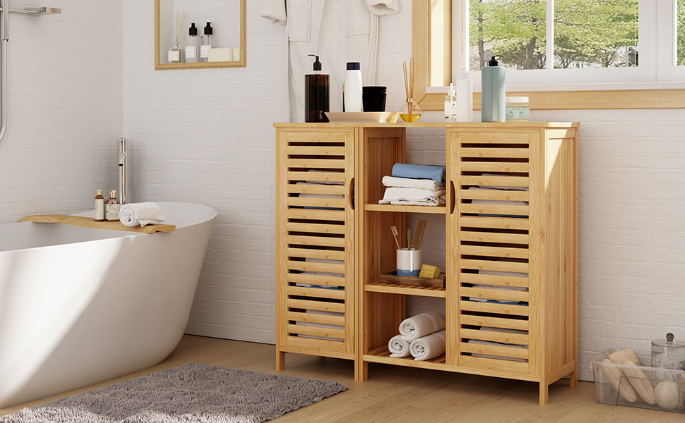 Шафа для ванної кімнати Sogesfurniture з бамбука, шафка для ванної, приліжкова шафка з 4 полицями та жалюзі-дверцятами, шафа для зберігання у ванну кімнату, вітальню, кухню (33x100x87 см)