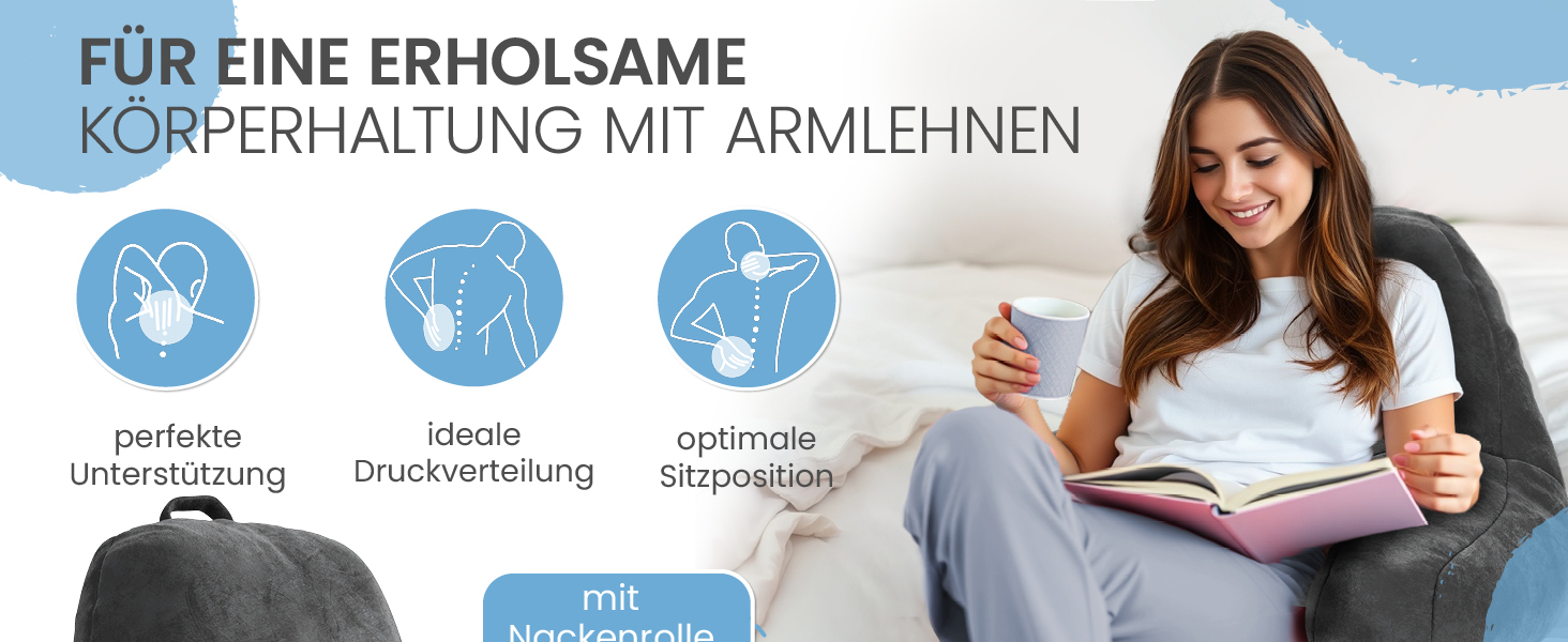 Підвалин для спини ELONEO з підлокітниками – м'яке крісло для читання в ліжко та диван, 76 × 46 × 40 см