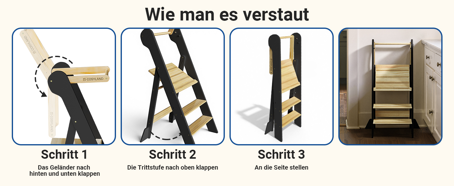 COSYLAND Монтессорі навчальний столик-сходинка для дітей від 1 року, регульована висота, складаний | Навчальний столик-сходинка для кухні | Темно-сірий-натуральний | COSYLAND