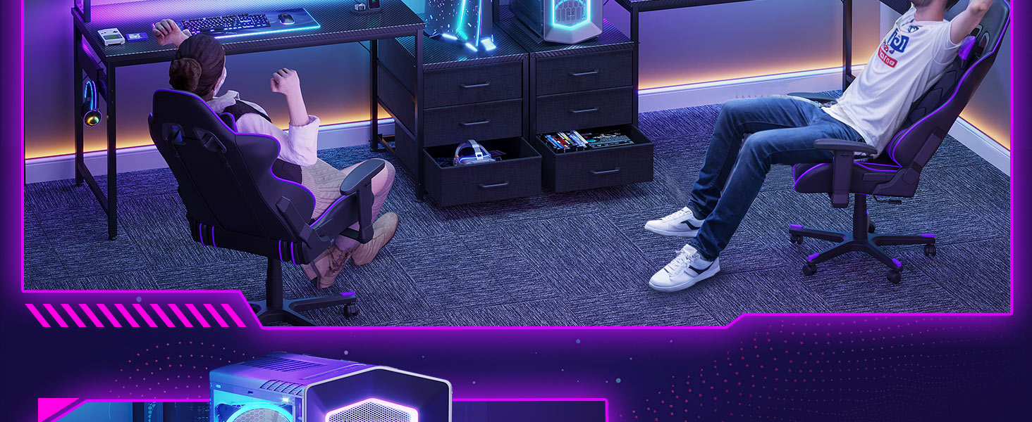 Ігровий стіл Coleshome з полицею та шухлядами, 137x48 см. Стіл для геймінгу з LED-підсвічуванням та розеткою, комп'ютерний стіл з місцями для зберігання та підставкою для монітора.