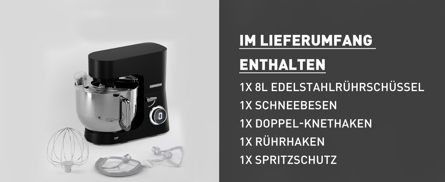 Кухонна машина Heinrichs 2500W з подвійним гаком для тіста, міксером та вінчиком, 8 швидкостей, чаша 8л з нержавіючої сталі, чорна