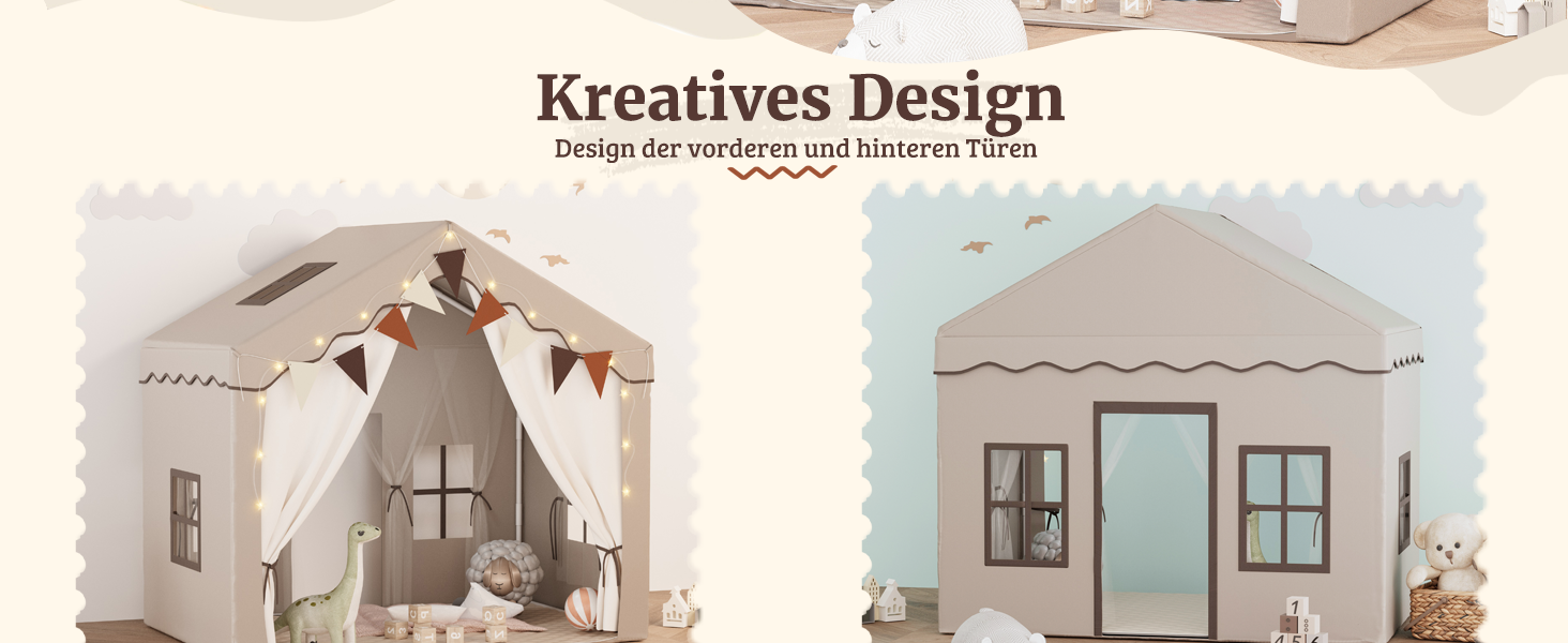 Дитяче намет-будиночок EROMMY 2-в-1 з килимком, прапорцями та світлодіодними смугами, двостулковими дверима, даховим вікном, для дому, вік 3+, коричневий