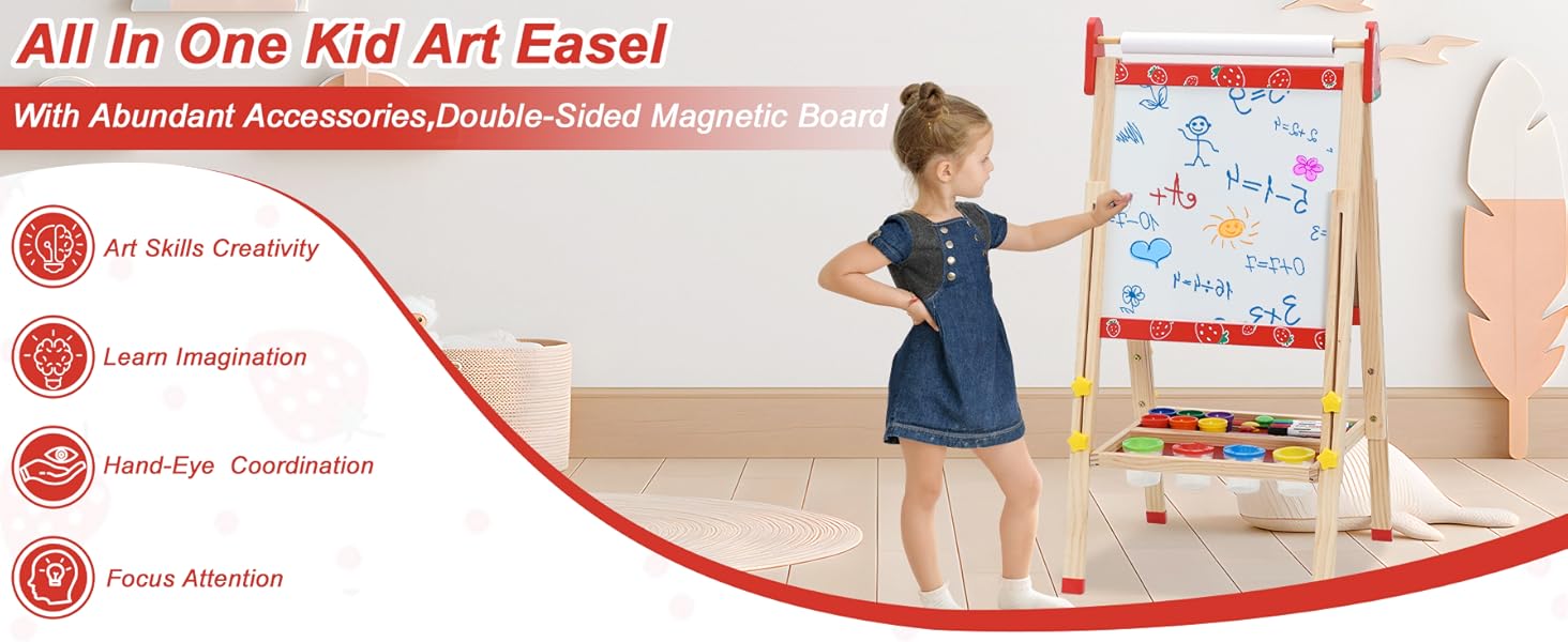 Дитяча мольберт Kinder Staffelei 3 в 1: регульована висота, подвійний бік, з рулоном паперу, 100+ аксесуарів для малювання, для дітей 3-8 років (червоний)