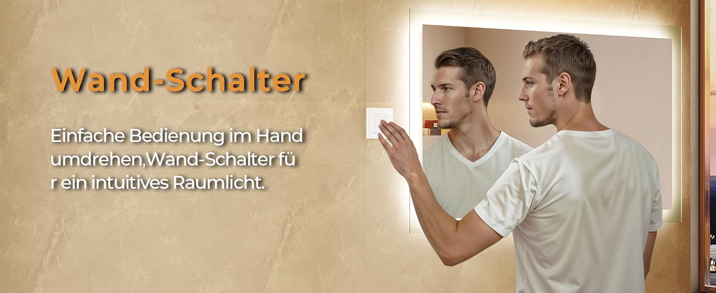 Дзеркало для ванної кімнати LOMIKEN з підсвічуванням, 60x50 см, LED, холодний білий світ, енергозбереження, вертикальне/горизонтальне кріплення, вимикач на стіні, матові краї