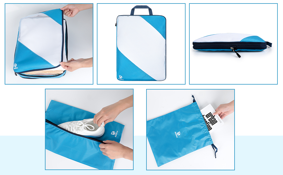 Набір компресійних органайзерів для одягу в подорожі AiQInu, 5 шт. (з мішком для прання та взуття), ультралегкі розширювані пакувальні куби для валізи та ручної поклажі, небесно-блакитний