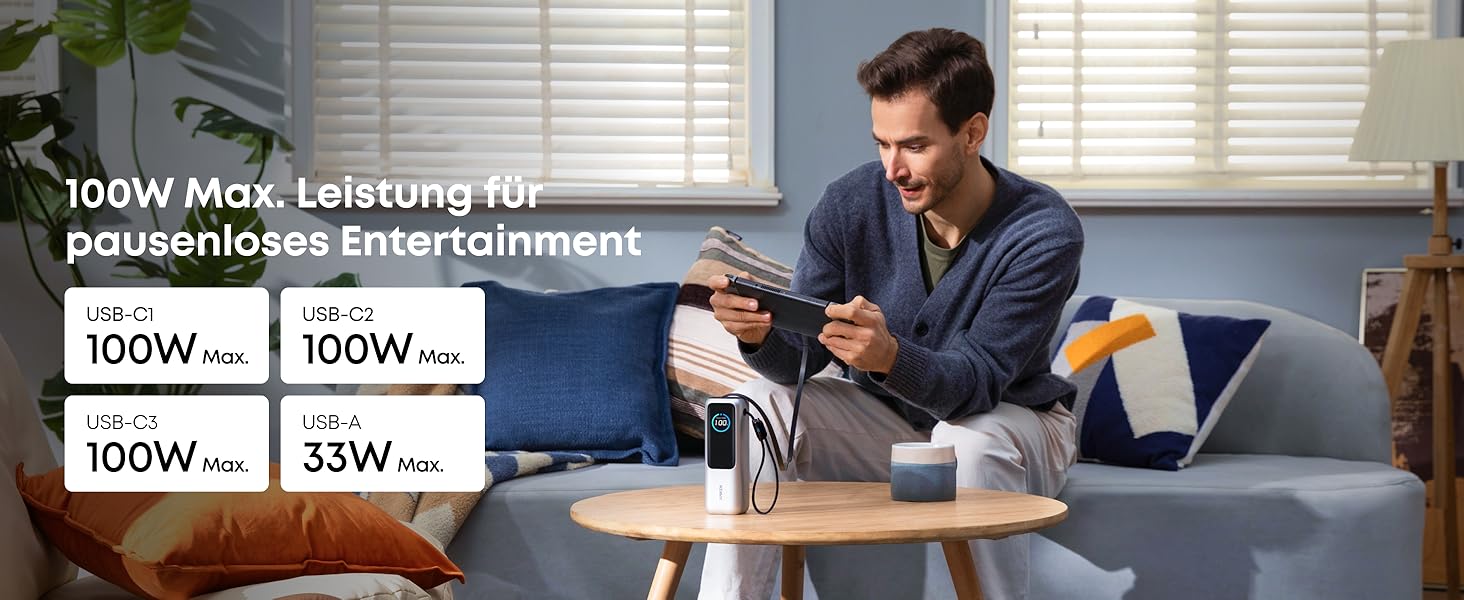 Powerbank Anker 25000mAh з 3 USB-C портами 100W, вбудований кабель, для iPhone, MacBook, Samsung та інших пристроїв (Срібний)