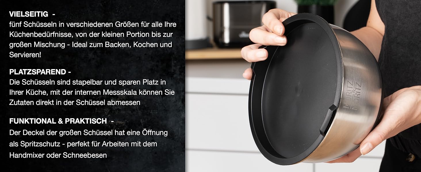 Миска для перемішування Moritz & Moritz 5er з кришкою - 0,6-4,5л - нержавіюча сталь з антиковзкими ніжками без BPA - Складна салатниця з кришкою та 3 насадкою-терткою - придатна для миття в посудомийній машині