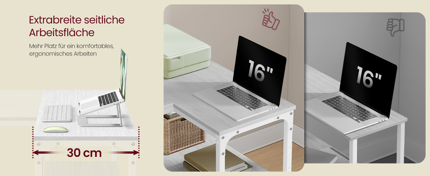 Кутовий стіл VASAGLE L-подібної форми з полицею, для офісу вдома, 110 x 80 см, колір: Акорн-білий