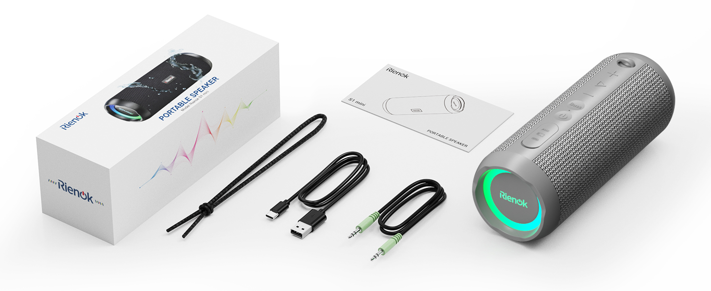 Портативна Bluetooth колонка RIENOK з підсвіткою, IPX7, 3600 mAh, баси, стерео звук (Сірий)