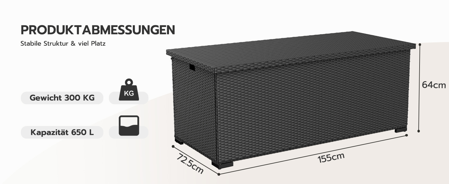 Скриня для подушок садових Polyrattan Amopatio 650л, водонепроникна, з газліфтом, чорна. Ящик для зберігання речей на вулиці для саду, балкону