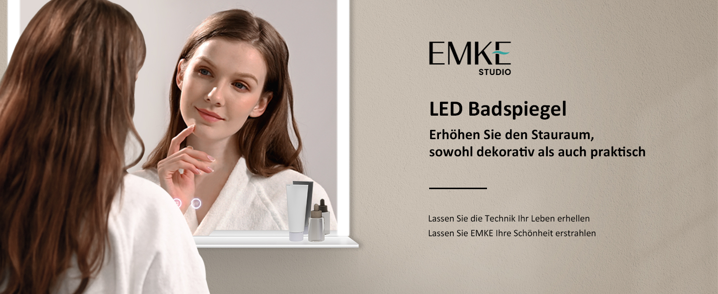 Дзеркало для ванної кімнати EMKE з підсвічуванням 80x60 см, з полицею, антизапар, регульоване холодне біле світло 6500K, сенсорне управління, функція пам'яті, прямокутне дзеркало для ванної кімнати (з полицею) 80Ш x 60В см