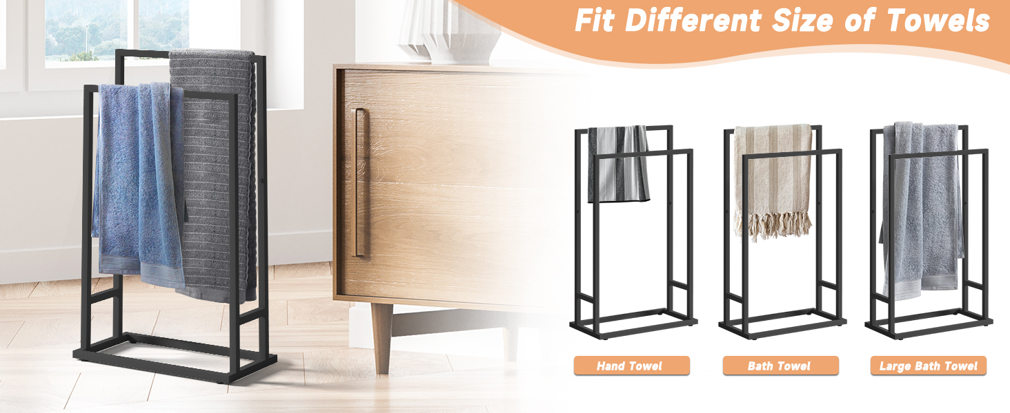 Підставка для рушників на підлозі, металева, чорна, з 2 перекладинами, для ванної кімнати, стабільна, економна
