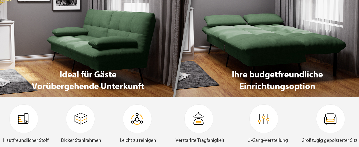 Диван-ліжко LUCKRACER 3-місний з регульованими кутами, тканина, темно-зелений | Диван, розкладний диван, кутовий диван для вітальні