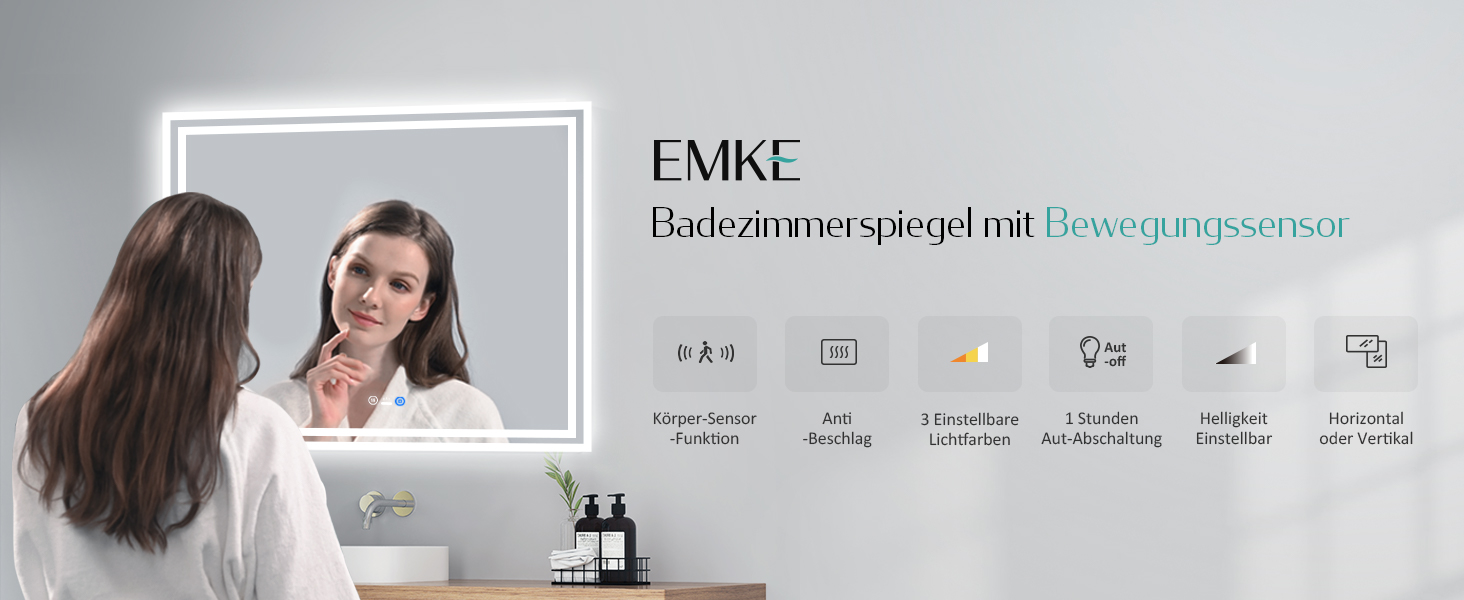 Дзеркало для ванної кімнати EMKE з підсвічуванням 80x60 см, LED, з датчиком руху, сенсорне, проти запотівання, 3 кольори світла, регулювання яскравості, таймер 1 год, IP44, енергозберігаюче