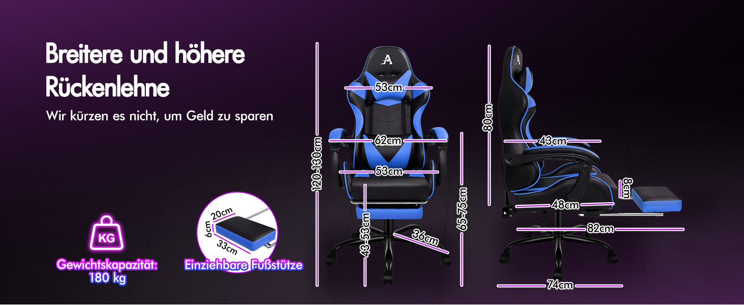 Ігровий крісло Alfordson з підніжкою, масажем, регулюванням на 150° та PU-шкірою. Макс. вага 180 кг, серія Eryx (Чорний/Синій)