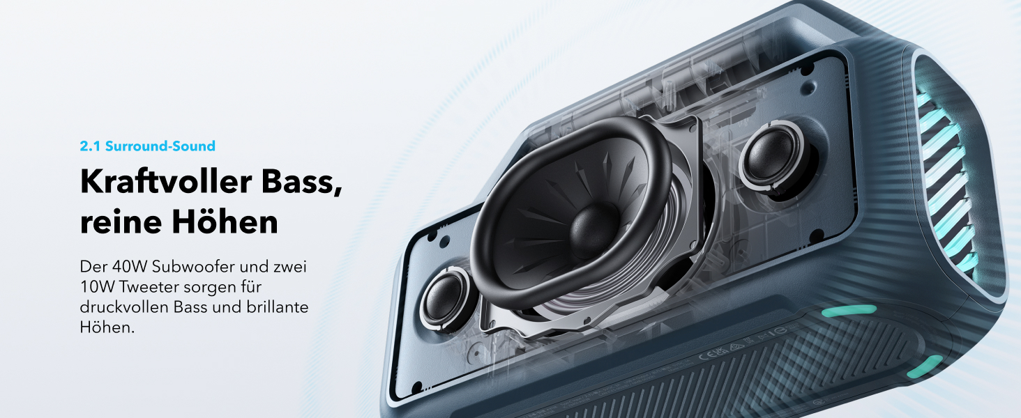 Soundcore Boom 2 - портативна Bluetooth колонка, 80W, сабвуфер, BassUp 2.0, 24h, IPX7, LED, USB-C, EQ, BT 5.3, для кемпінгу, пляжу, саду (блакитна)